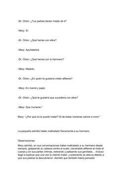 -Dr. Orton: ¿Tus padres tienen miedo de ti?
-Mary: Sí.
-Dr. Orton: ¿Qué harías con ellos?
-Mary: Apuñalarlos.
-Dr. Orton: ¿Qu