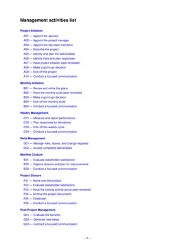 Management activities list
Project Initiation
  A01 — Appoint the sponsor 
  A02 — Appoint the project manager 
  A03 — Appoi