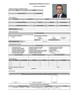 CORPORACIÓN EMPRESARIAL LIDER S.A
DATOS DEL COLABORADOR
UBICACIÓN FUNCIONAL Y DEPENDENCIA LABORAL:
FOTOGRAFÍA
ÁREA
SECCIÓN
TÍ