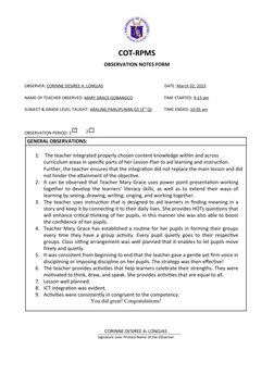 COT-RPMS Classroom Observation Notes | PDF | Teachers | Learning