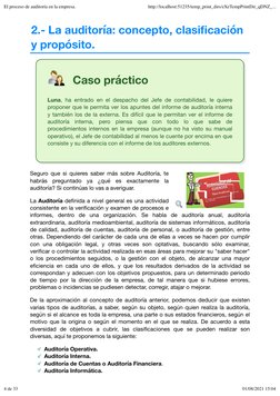 2.- La auditoría: concepto, clasiﬁcación
y propósito.
Caso práctico
Luna, ha entrado en el despacho del Jefe de contabilidad,