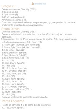 Perna Direita
Comece com a cor Chantilly (7563)
Comece trabalhando em volta das correntes (Crochê oval), em carreiras
contínu