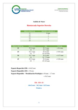 6 
 
 
 
 
 
 
 
Análisis de Nance 
 
Hemiarcada Superior Derecha 
 
 
PIEZA DENTAL 
MEDIDA MODELO 
11 
8 mm 
12 
? 
13 
?