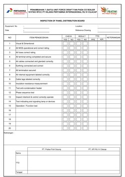INSPECTION OF PANEL DISTRIBUTION BOARD
Equipment  No.
:
Location             
:
Date
:
Reference Drawing
:
NO
ITEM PENGECEKAN
