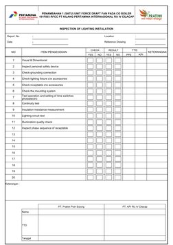 INSPECTION OF LIGHTING INSTALATION
Report  No.
:
Location             
:
Date
:
Reference Drawing
:
NO
ITEM PENGECEKAN
CHECK