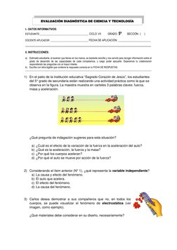 EVALUACIÓN DIAGNÓSTICA DE CIENCIA Y TECNOLOGÍA 
 
I.- DATOS INFORMATIVOS: 
ESTUDIANTE:_____________________________________