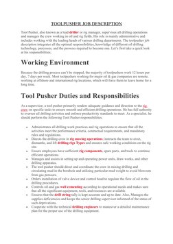 TOOLPUSHER JOB DESCRIPTION
Tool Pusher, also known as a lead driller or rig  (https://www.drillingmanual.com/oil-drilling-rig