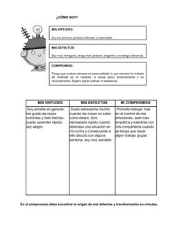 ¿CÓMO SOY?
MIS VIRTUDES: 
Soy una persona, puntual, ordenada y responsable. 
MIS DEFECTOS: 
Soy muy renegona, tengo mal carác