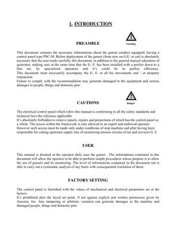 1. INTRODUCTION 
 
 
 
 
 
 
PREAMBLE 
warning 
 
 
This document contains the necessary informations about the genset conduc