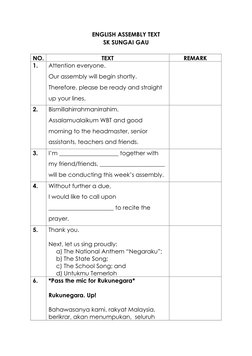 ENGLISH ASSEMBLY TEXT 
SK SUNGAI GAU 
 
NO. 
TEXT 
REMARK 
1. 
Attention everyone. 
Our assembly will begin shortly. 
Therefo