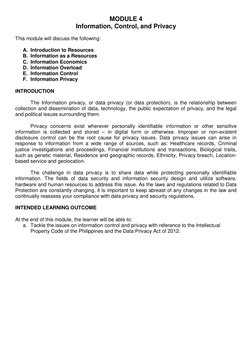 MODULE 4 
Information, Control, and Privacy 
 
This module will discuss the following: 
 
A. Introduction to Resources 
B. In