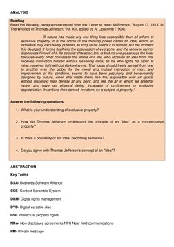 ANALYSIS 
 
Reading 
Read the following paragraph excerpted from the “Letter to Isaac McPherson, August 13, 1813” in 
The Wri