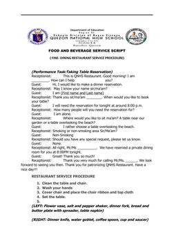 FOOD AND BEVERAGE SERVICE SCRIPT
( FINE- DINING RESTAURANT SERVICE PROCEDURE)
(Performance Task:Taking Table Reservation)
R