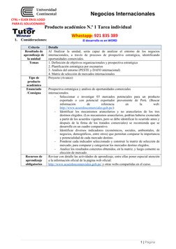 Negocios Internacionales
Producto académico N.º 1 Tarea individual
1.
Consideraciones:
Criterio
Detalle
Resultado de
aprendiz