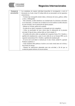 Negocios Internacionales
Formato de
presentación
Los estudiantes de manera individual desarrollan la investigación y envía el