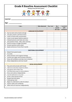 Grade R Checklist Sample Grade R Baseline Assessment Checklist | PDF