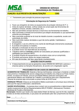 ORDEM DE SERVIÇO
SEGURANÇA DO TRABALHO
FUNÇÃO: ELETRICISTA DE MANUTENÇÃO                  CBO 
Treinamento para correção de