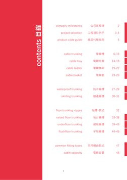 1
contents 目錄
company milestones
project selection
product code guide 
cable trunking 
cable tray 
cable ladder 
cable basket