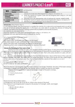 W3 
Learning Area 
MATHEMATICS 
Grade Level 
FIVE 
Quarter 
FOURTH 
Date 
 
k 
I. LESSON TITLE 
             Volume of a