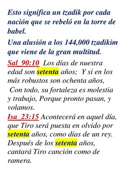 Esto significa un tzadik por cada 
nación que se rebeló en la torre de 
babel. 
Una alusión a los 144,000 tzadikim 
que viene
