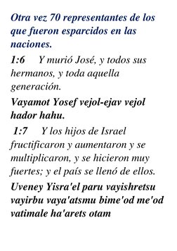 Otra vez 70 representantes de los 
que fueron esparcidos en las 
naciones. 
1:6     Y murió José, y todos sus 
hermanos, y to