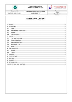 SPECIFICATION FOR  
PIPING MATERIAL CLASS 
 
 
Document No. 
 
DED EXPANSION NICKEL HEAP 
LEACH 5,000 T/Y 
Rev. : A 
 
BM