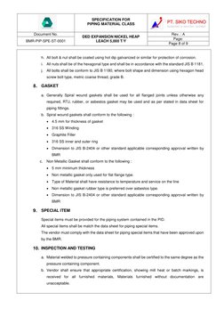 SPECIFICATION FOR  
PIPING MATERIAL CLASS 
 
 
Document No. 
 
DED EXPANSION NICKEL HEAP 
LEACH 5,000 T/Y 
Rev. : A 
 
BM