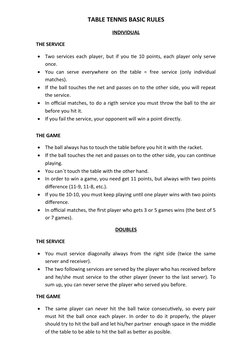 TABLE TENNIS BASIC RULES
INDIVIDUAL
THE SERVICE

Two services each player, but if you tie 10 points, each player only serve