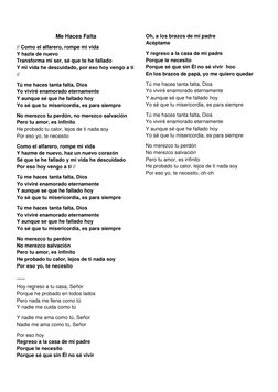 Me Haces Falta 
// Como el alfarero, rompe mi vida 
Y hazla de nuevo 
Transforma mi ser, sé que te he fallado 
Y mi vida he d
