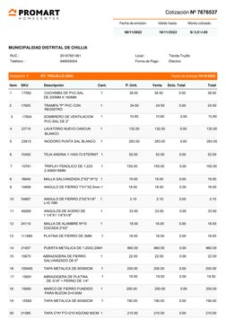 Fecha de emisión:
Válido hasta:
Monto cotizado:
MUNICIPALIDAD DISTRITAL DE CHILLIA
RUC :
20187651361
Teléfono :
948059304
Loc