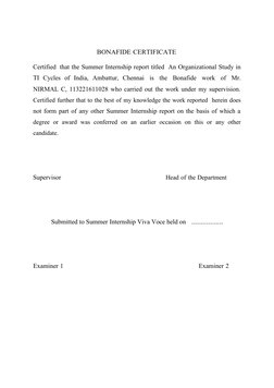 BONAFIDE CERTIFICATE
Certified that the Summer Internship report titled An Organizational Study in
TI Cycles of India, Ambatt