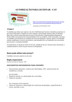 AUTORIZAÇÃO PARA LECIONAR - CAT
https://www.mg.gov.br/servico/emitir-autorizacao-para-lecionar- (https://www.mg.gov.br/servic