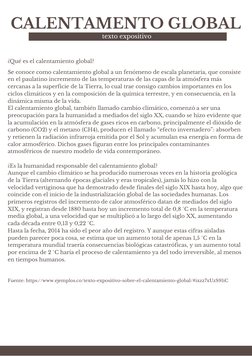 texto expositivo 
CALENTAMENTO GLOBAL
¿Qué es el calentamiento global?
Se conoce como calentamiento global a un fenómeno de e