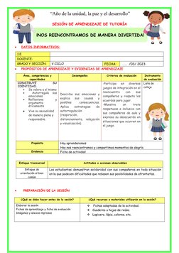 “Año de la unidad, la paz y el desarrollo”
SESIÓN DE APRENDIZAJE DE TUTORÍA

DATOS INFORMATIVOS:
 
  
I.E. 
DOCENTE:
GRADO