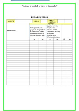 “Año de la unidad, la paz y el desarrollo”
LISTA DE COTEJO
DOCENTE
FECHA
GRADO Y
SECCIÓN
ESTUDIANTES 
CRITERIOS
Participa en