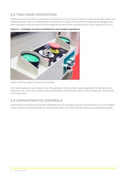 10
SAFEWORK NSW
3.3 TWO HAND OPERATIONS
Where the use of guards or presence sensing devices is not practicable to isolate all