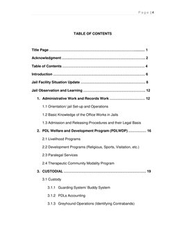 P a g e  | 4 
 
 
TABLE OF CONTENTS 
 
Title Page ………………………………………………………………........... 1 
Acknowledgment ………………………………………………………