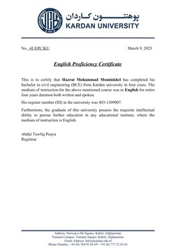 No.  41/EPC/KU
March 9, 2023
English Proficiency Certificate
This is to certify that  Hazrat Mohammad Mominkhel has completed