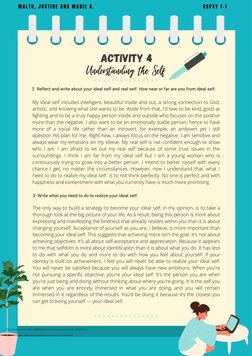 aCTIVITY 4

My ideal self includes intelligent, beautiful inside and out, a strong connection to God,
artistic, and knowing w