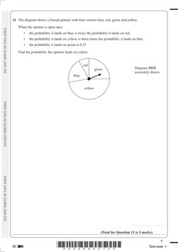 *P69488A0724*
Turn over     
7
	
 
 
11	 The diagram shows a biased spinner with four colours blue, red, green and yello