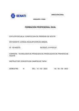 DIRECCIÓN ZONAL  
  
  
 AREQUIPA - PUNO 
  
  
FORMACIÓN PROFESIONAL DUAL  
  
  
  
  
CFP/UCP/ESCUELA: CONFECC