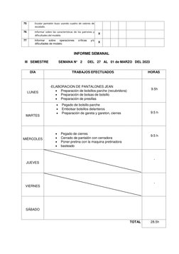75 
Escalar pantalón buzo usando cuadro de valores de 
escalado.   
 
 
 
 
 
 
76 
Informar sobre las características de los