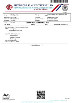 RBC morphology : -Hypochromic anisocytosis
W.B.C : - Leukopenia.
              No abnormal cell is seen.
Suggested : Reticulo