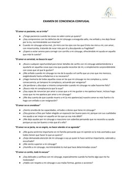 EXAMEN DE CONCIENCIA CONYUGAL 
 
“El amor es paciente, no se irrita”  
●
¿Tengo paciencia cuando las cosas no salen como yo