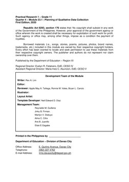 Practical Research 1 – Grade 11 
Quarter 4 – Module 23.1 : Planning of Qualitative Data Collection 
First Edition, 2020