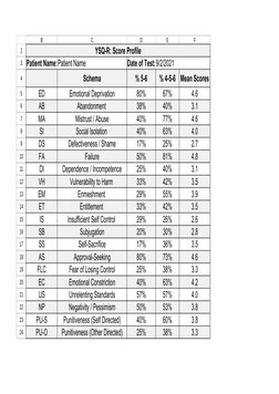 YSQ-R: Score Profile
Patient Name: Patient Name
Date of Test: 9/2/2021
Schema
% 5-6
% 4-5-6
Mean Scores
ED
Emotional Deprivat
