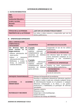 ACTIVIDAD DE 
 
 APRENDIZAJE N.º 01
 
 
I. DATOS INFORMATIVOS
DRE:
UGEL:
Institución Educativa:
Grado y sección:
Docente:
Fec