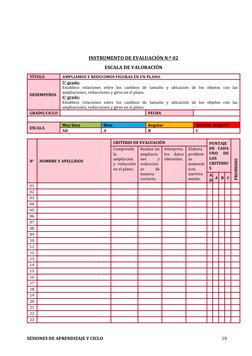 INSTRUMENTO DE EVALUACIÓN N.º 02
ESCALA DE VALORACIÓN
TÍTULO
AMPLIAMOS Y REDUCIMOS FIGURAS EN UN PLANO.
DESEMPEÑOS
5° grado: