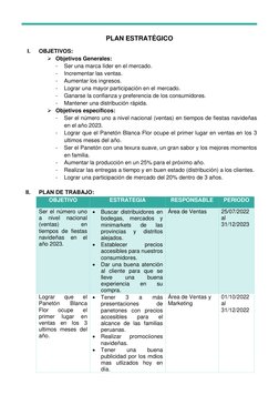 PLAN ESTRATÉGICO 
I. 
OBJETIVOS: 
➢ Objetivos Generales: 
- 
Ser una marca líder en el mercado. 
- 
Incrementar las venta