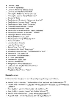 Louisville: "Mine" (https://en.wikipedia.org/wiki/Mine_(Taylor_Swift_song))
Columbus: "Sparks Fly" (https://en.wikipedia.org/